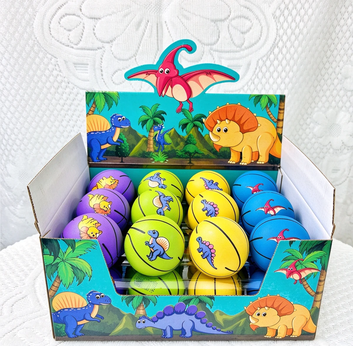 Printed rubber balls in a retail display box