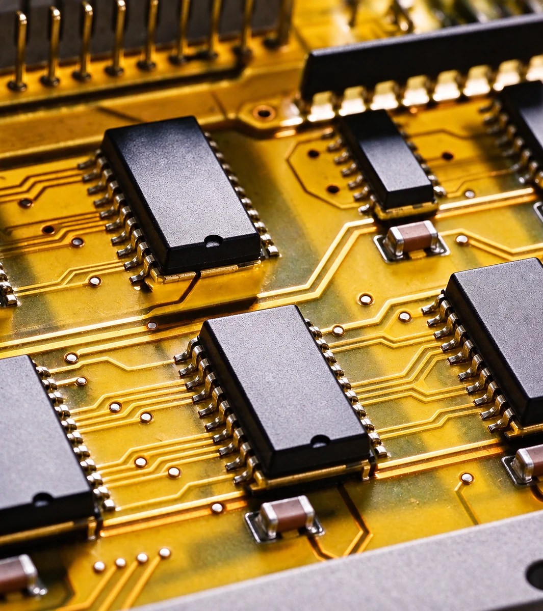 Semiconductor chips on a gold-colored circuit board